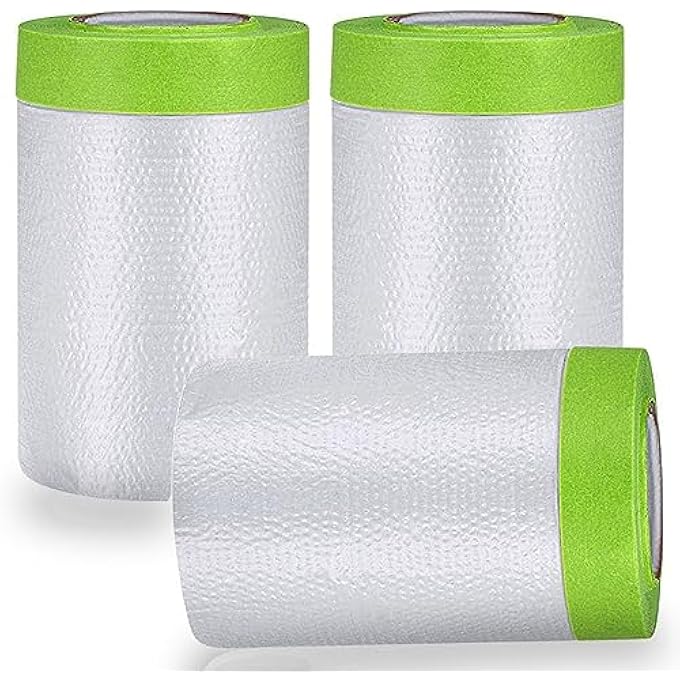 REVHQ PRE-TAPED MASKING FILM PAINTERS PLASTIC SHEETING ROLL, CLEAR DROP CLOTHS FOR PAINTING, AUTOMOTIVE APPLIANCE COVER (3 ROLL, 82FT PER ROLL) - Image 1